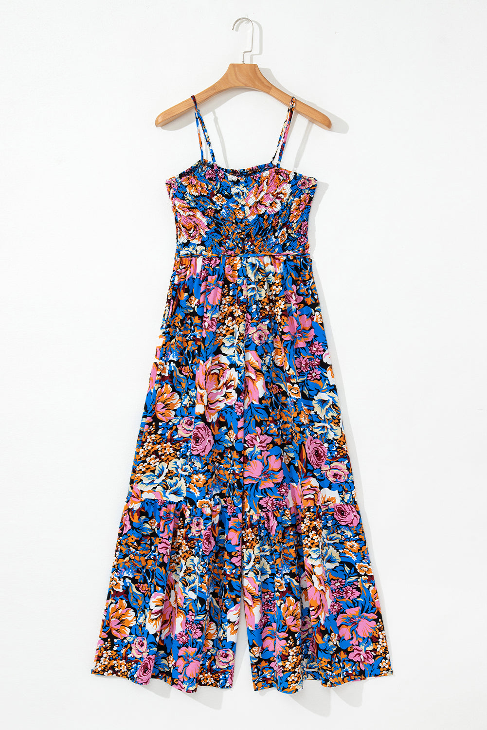 Pink Floral Smocked Bust Spaghetti Straps Wide Leg Jumpsuit