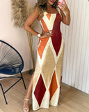 Geometric Print Thick Strap Dress Casual Slim Fit Slit Maxi Dress with Pockets
