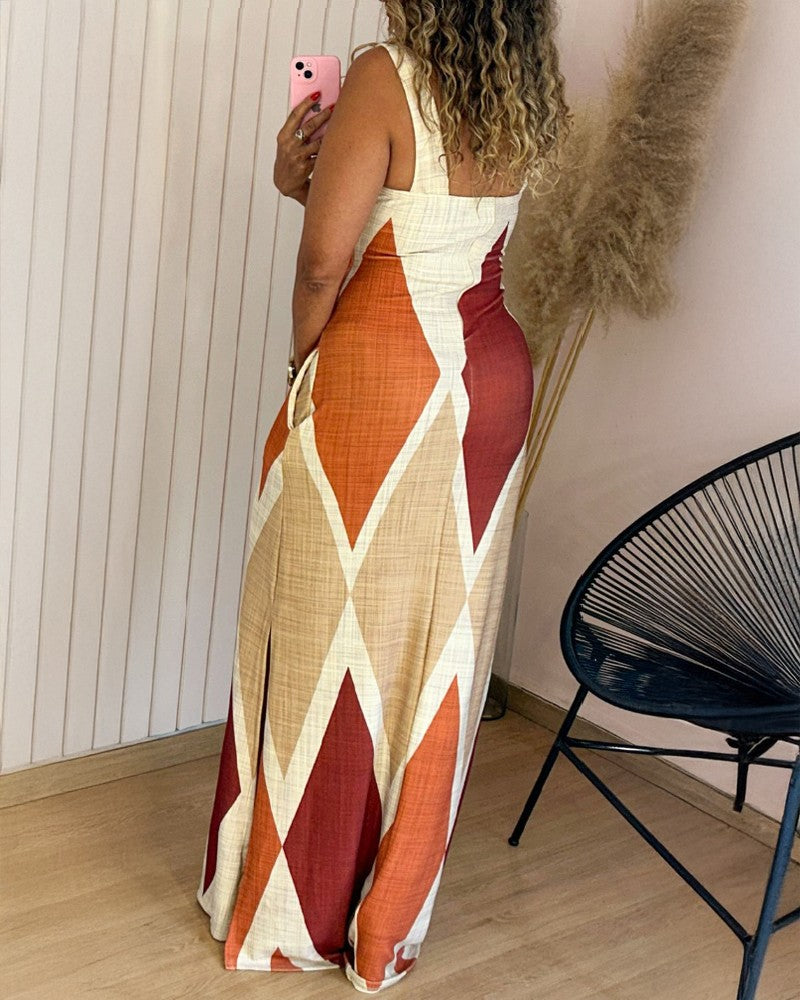 Geometric Print Thick Strap Dress Casual Slim Fit Slit Maxi Dress with Pockets