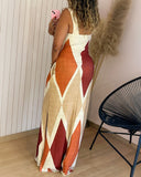 Geometric Print Thick Strap Dress Casual Slim Fit Slit Maxi Dress with Pockets