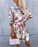Floral Print Turn down Collar Long Sleeve Dress with Belt