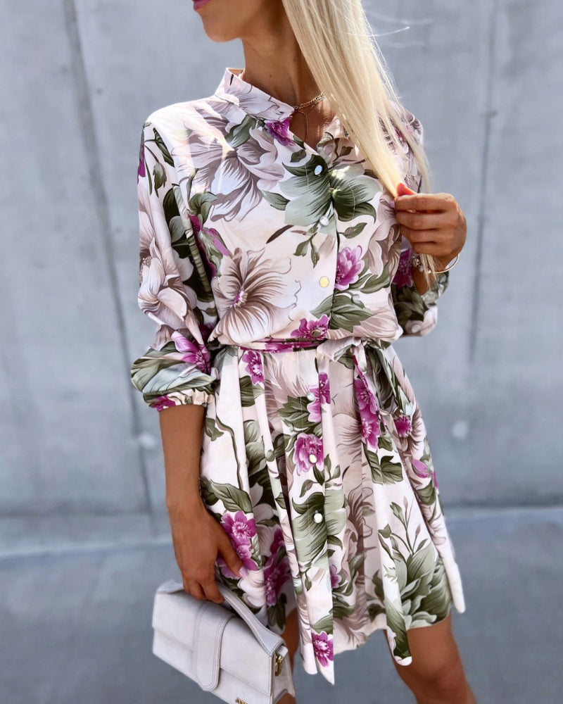Floral Print Turn down Collar Long Sleeve Dress with Belt