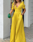 Puff Sleeve Plunge Wide Leg Jumpsuit