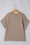 Brown Stripe Textured Side Slits Crew Neck T Shirt