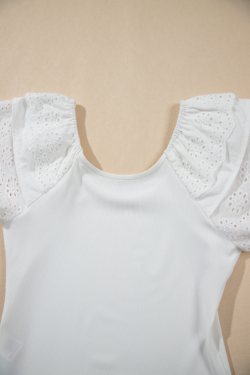 White Eyelet Ruffle Sleeve Slim Fitted Top
