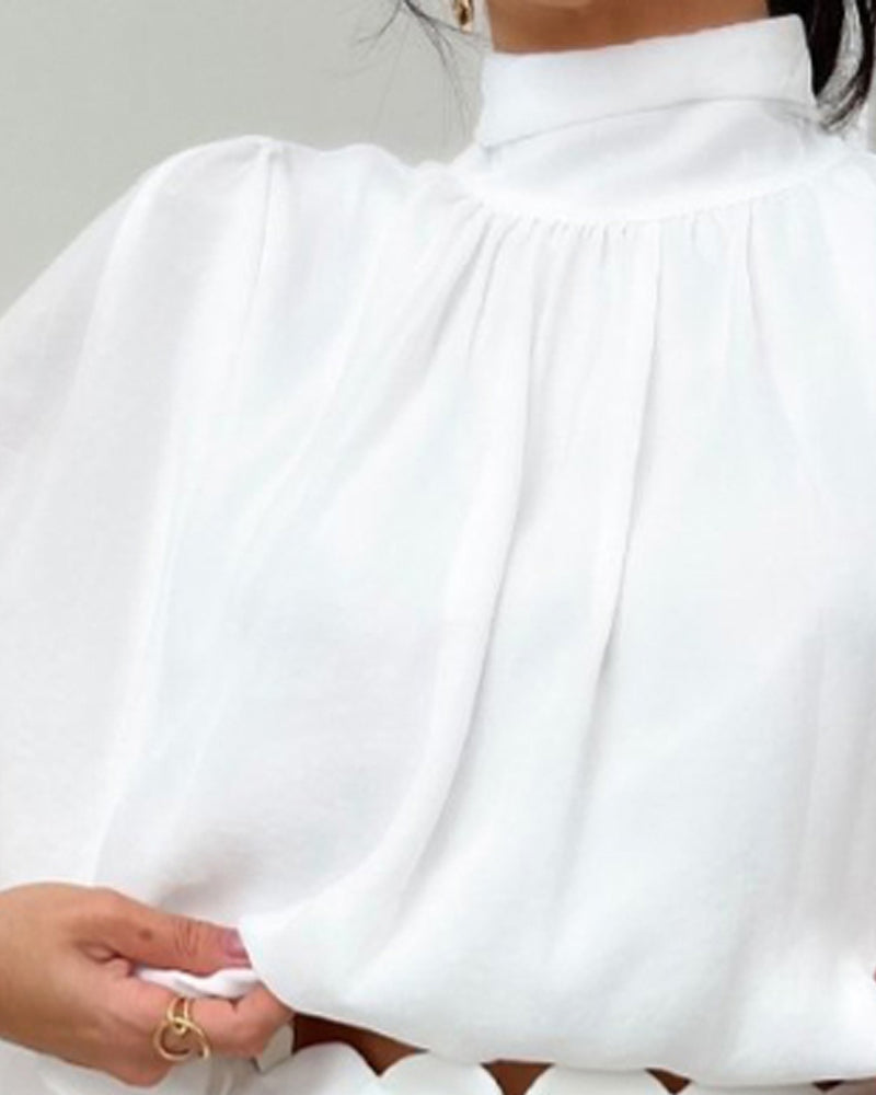 High Neck Batwing Sleeve Ruched Hollow out Back Casual Chiffon Blouse