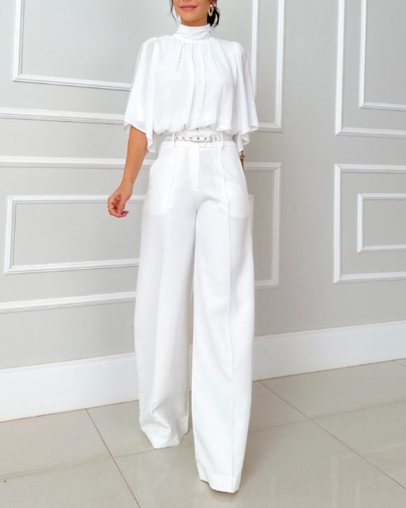 High Neck Batwing Sleeve Ruched Hollow out Back Casual Chiffon Blouse