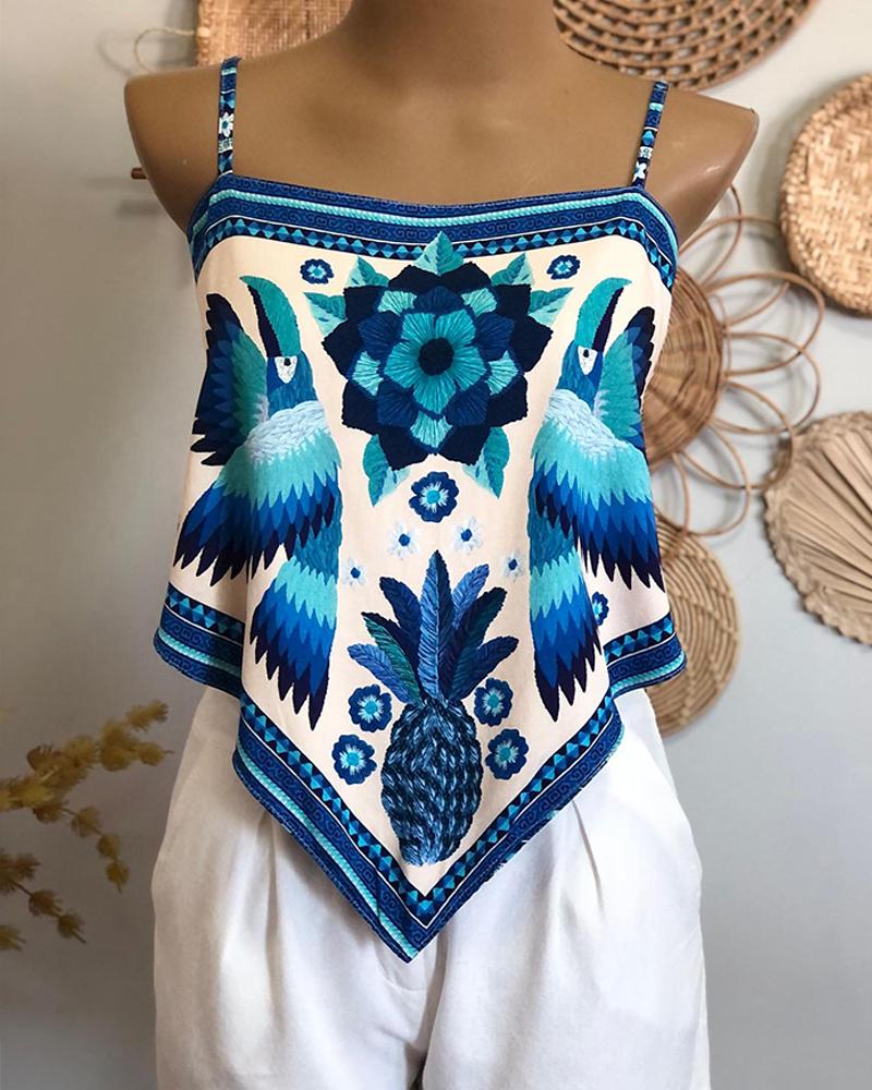 Tropical Print Spaghetti Strap Bandeau Tied Detail Tank Casual Backless Vacation Reversible Top