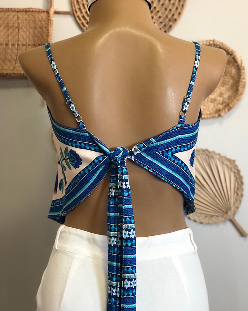 Tropical Print Spaghetti Strap Bandeau Tied Detail Tank Casual Backless Vacation Reversible Top