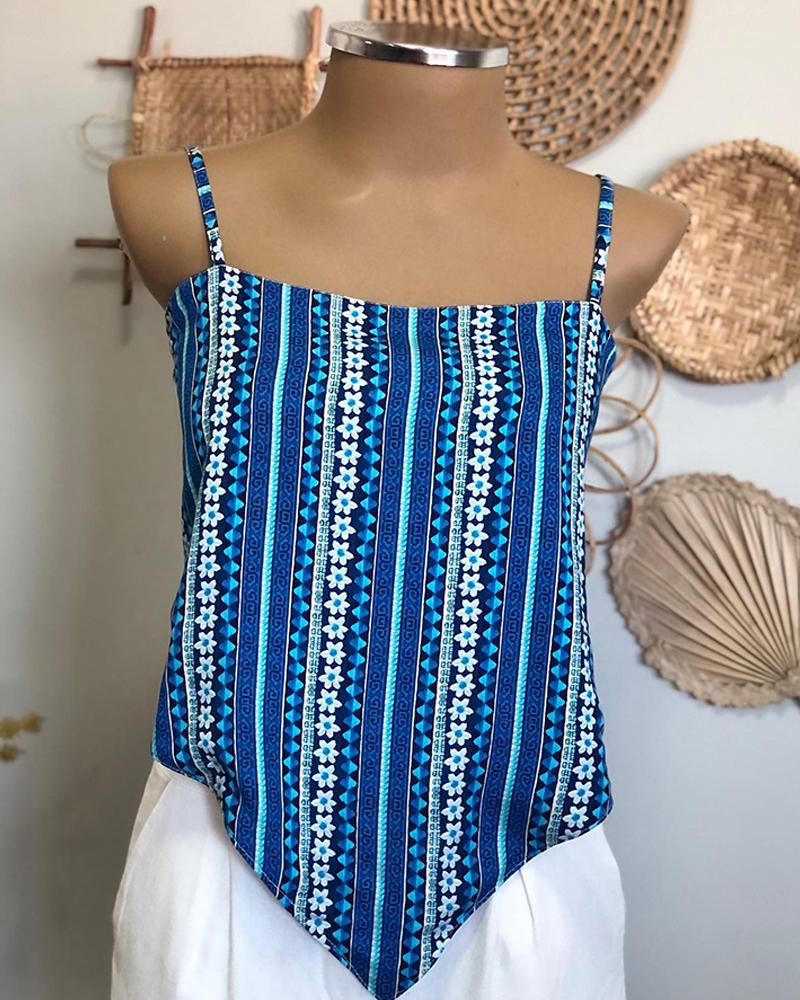 Tropical Print Spaghetti Strap Bandeau Tied Detail Tank Casual Backless Vacation Reversible Top