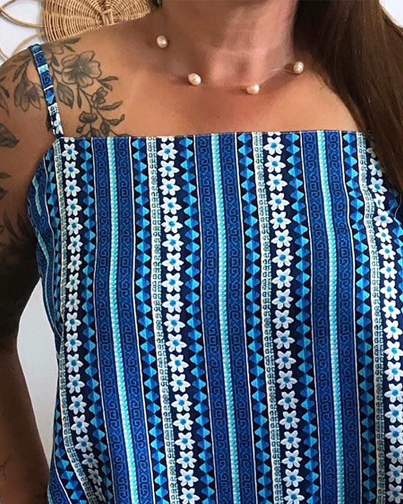 Tropical Print Spaghetti Strap Bandeau Tied Detail Tank Casual Backless Vacation Reversible Top