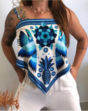 Tropical Print Spaghetti Strap Bandeau Tied Detail Tank Casual Backless Vacation Reversible Top