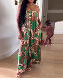 Tropical Print Spaghetti Strap Back Shirred Jumpsuit Casual Loose Fit Romper