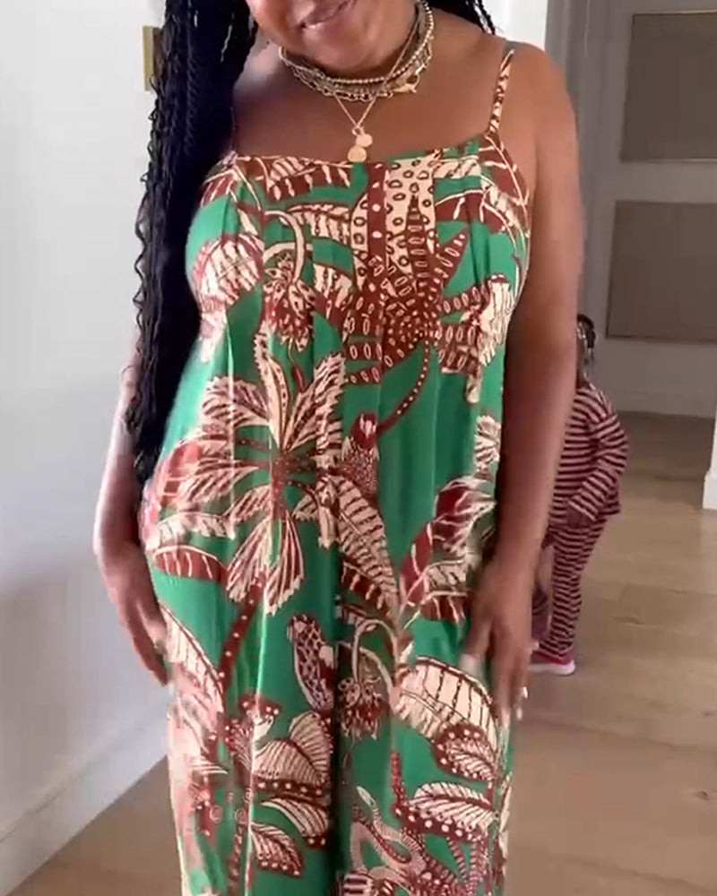 Tropical Print Spaghetti Strap Back Shirred Jumpsuit Casual Loose Fit Romper