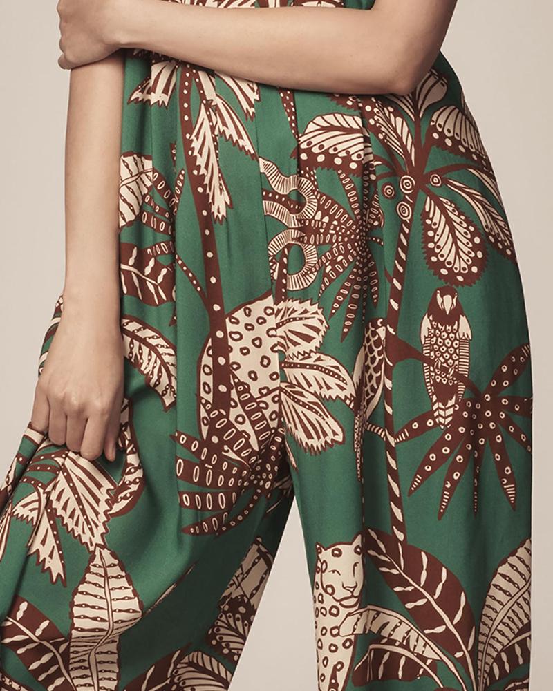 Tropical Print Spaghetti Strap Back Shirred Jumpsuit Casual Loose Fit Romper