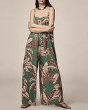Tropical Print Spaghetti Strap Back Shirred Jumpsuit Casual Loose Fit Romper