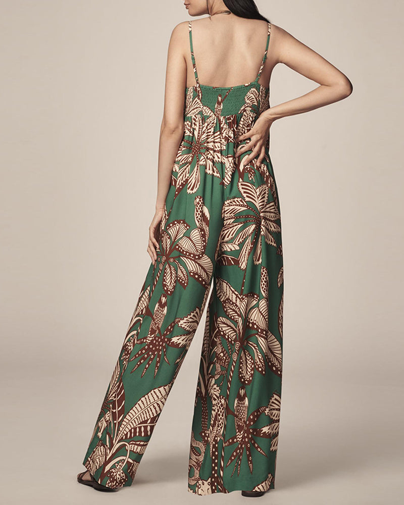 Tropical Print Spaghetti Strap Back Shirred Jumpsuit Casual Loose Fit Romper