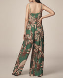 Tropical Print Spaghetti Strap Back Shirred Jumpsuit Casual Loose Fit Romper