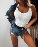 V Neck Buckle Texture Slim Fit Sleeveless Tank Top