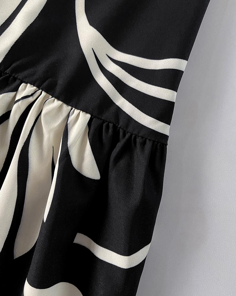 Floral Sleevless Leaves Pattern Maxi Dress Casual Waist Chain Decor Dress (Without Belt)