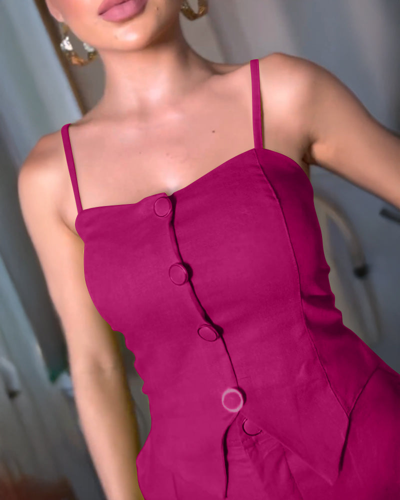 2 Pieces Outfit Spaghetti Strap Button Front Slit Hem Shirred Cami Top and Casual Zipper Fly Elastic Back Waist Slim Fit Shorts Set