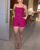 2 Pieces Outfit Spaghetti Strap Button Front Slit Hem Shirred Cami Top and Casual Zipper Fly Elastic Back Waist Slim Fit Shorts Set