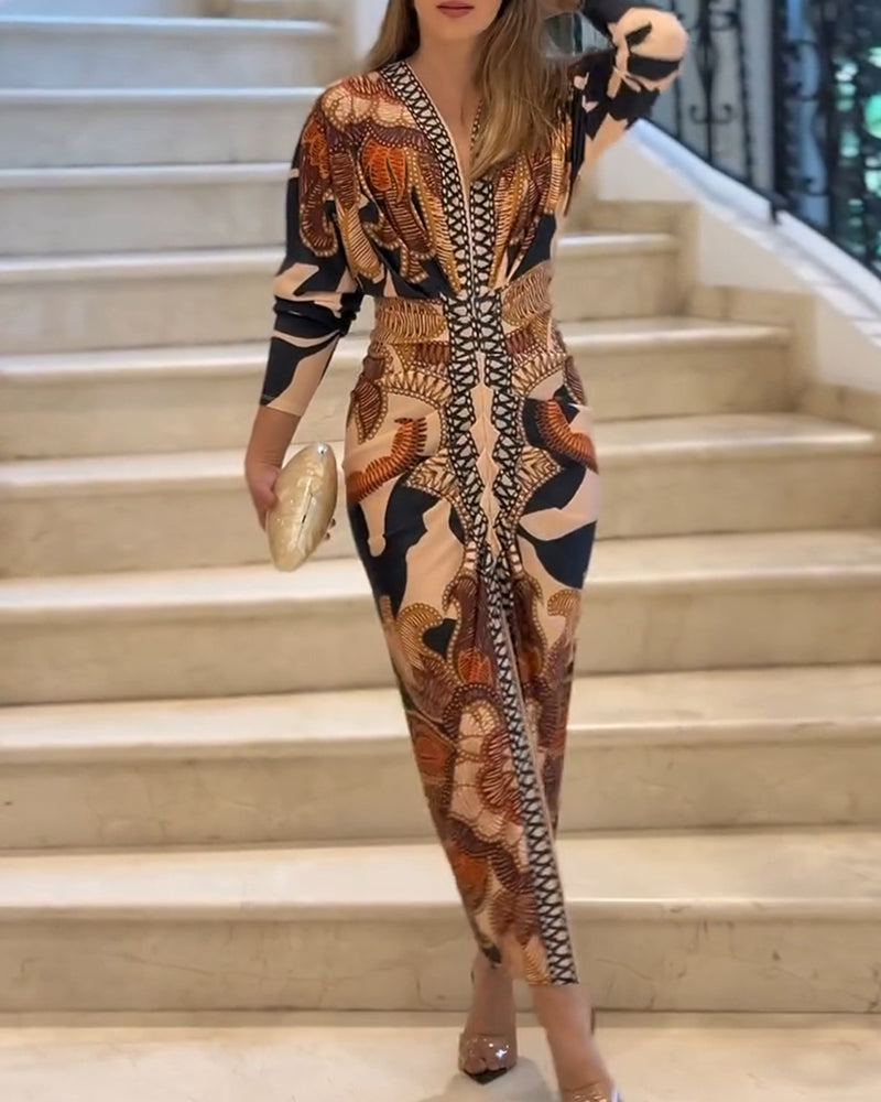 Vintage Baroque Long Sleeve Plunge V Neck Bodycon Dress Sexy Slim Fit Midi Dress