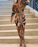 Vintage Baroque Long Sleeve Plunge V Neck Bodycon Dress Sexy Slim Fit Midi Dress