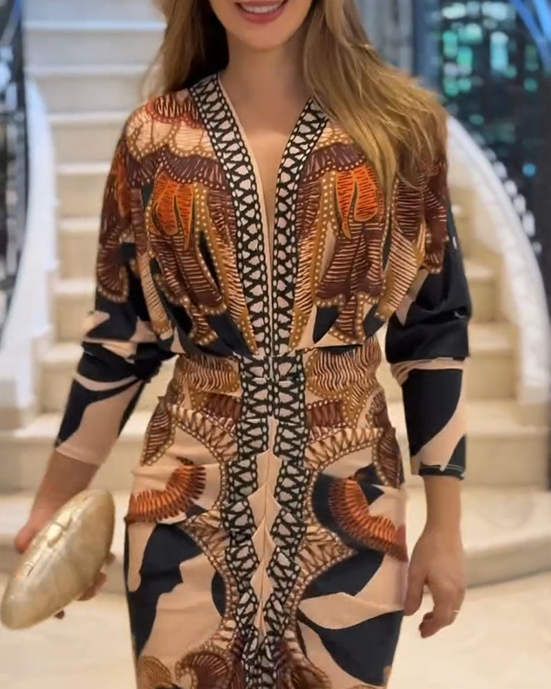 Vintage Baroque Long Sleeve Plunge V Neck Bodycon Dress Sexy Slim Fit Midi Dress