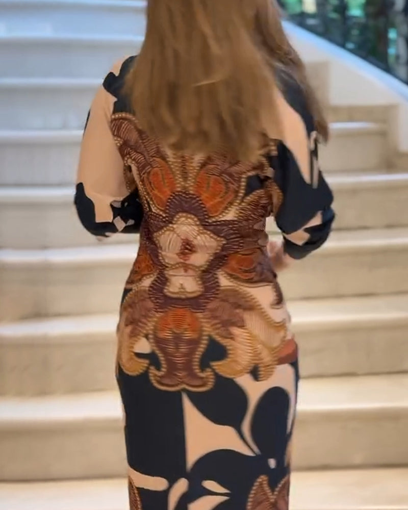 Vintage Baroque Long Sleeve Plunge V Neck Bodycon Dress Sexy Slim Fit Midi Dress