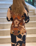 Vintage Baroque Long Sleeve Plunge V Neck Bodycon Dress Sexy Slim Fit Midi Dress