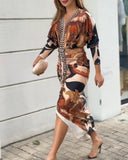 Vintage Baroque Long Sleeve Plunge V Neck Bodycon Dress Sexy Slim Fit Midi Dress