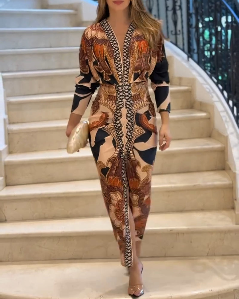 Vintage Baroque Long Sleeve Plunge V Neck Bodycon Dress Sexy Slim Fit Midi Dress