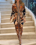 Vintage Baroque Long Sleeve Plunge V Neck Bodycon Dress Sexy Slim Fit Midi Dress