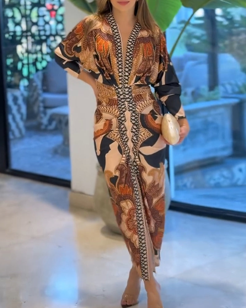 Vintage Baroque Long Sleeve Plunge V Neck Bodycon Dress Sexy Slim Fit Midi Dress