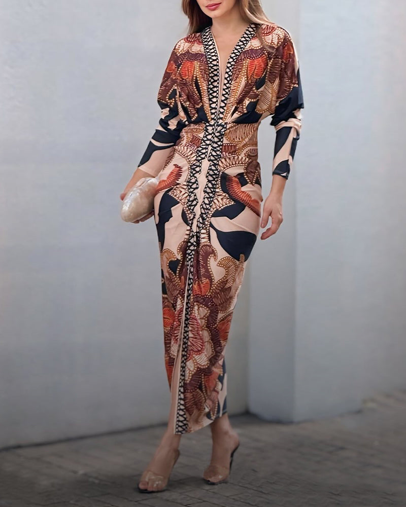 Vintage Baroque Long Sleeve Plunge V Neck Bodycon Dress Sexy Slim Fit Midi Dress