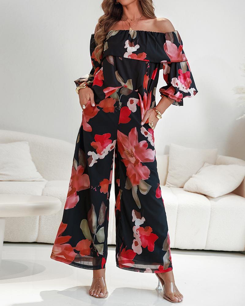 2 Pieces Outfit Floral Print Elastic Off Shoulder Ruffle Cuffs Top and Casual Elastic Back Waist Wide Leg Pants Set