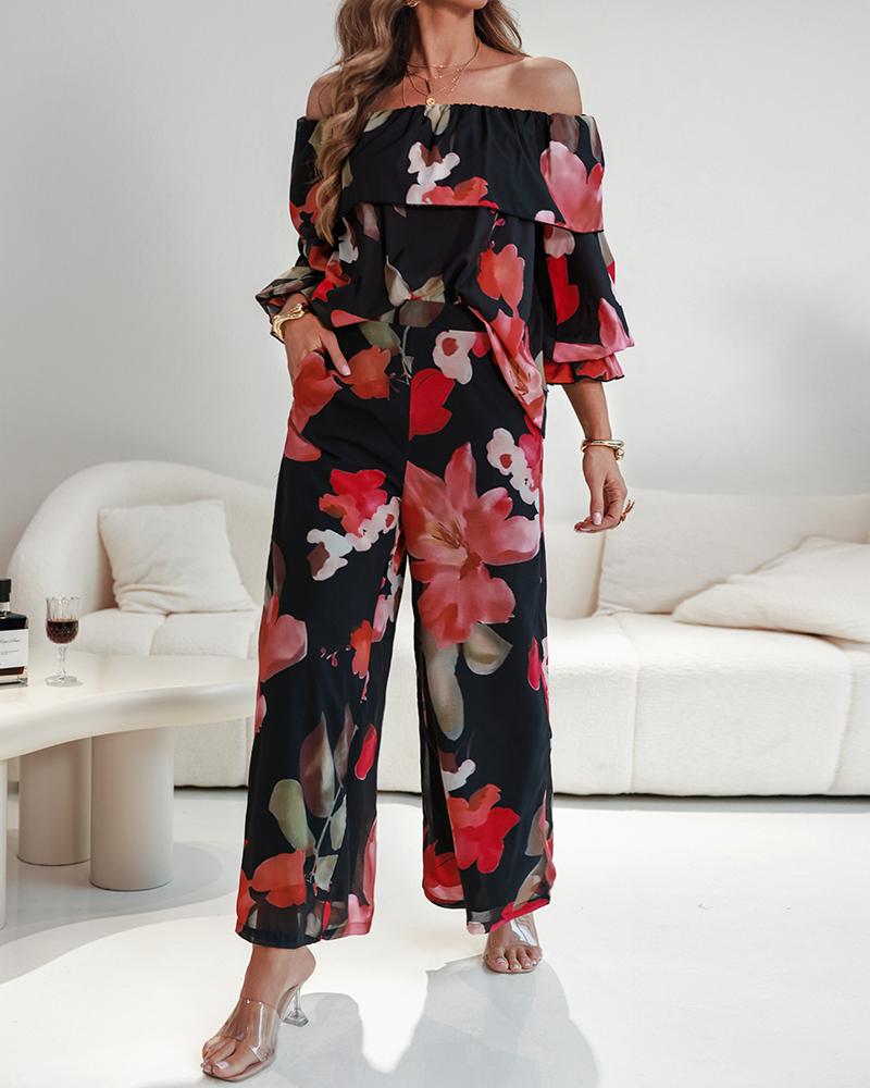 2 Pieces Outfit Floral Print Elastic Off Shoulder Ruffle Cuffs Top and Casual Elastic Back Waist Wide Leg Pants Set