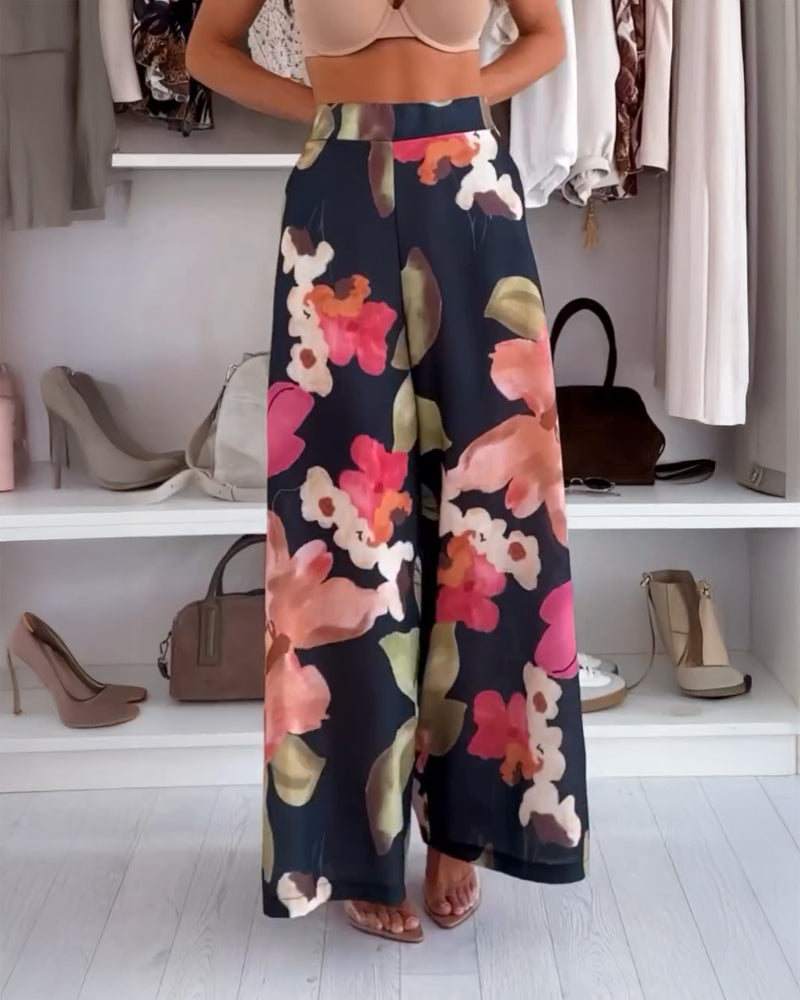 2 Pieces Outfit Floral Print Elastic Off Shoulder Ruffle Cuffs Top and Casual Elastic Back Waist Wide Leg Pants Set