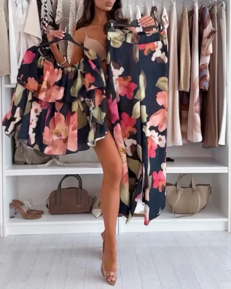 2 Pieces Outfit Floral Print Elastic Off Shoulder Ruffle Cuffs Top and Casual Elastic Back Waist Wide Leg Pants Set