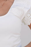 White Eyelet Ruffle Sleeve Slim Fitted Top