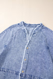 Beau Blue Mineral Wash Long Sleeve Button Up Raw Hem Pocketed Denim Dress