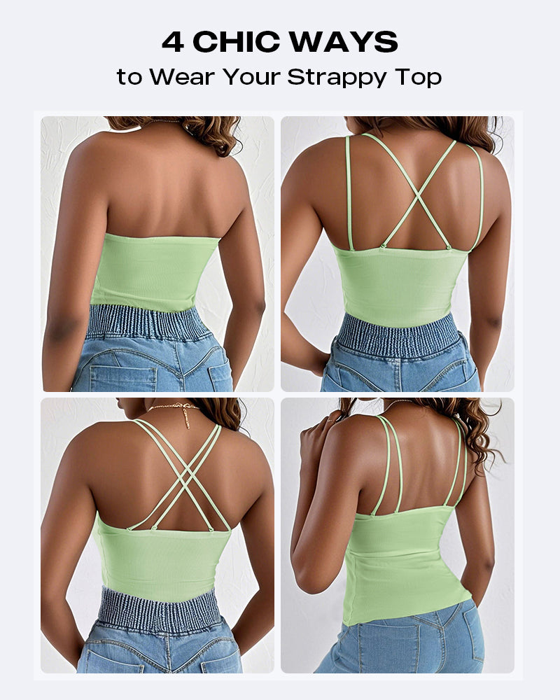 Spaghetti Strap Built in Bra Slim Fit Tank Top Sexy Back Criss Cross Workout Camisole Tops