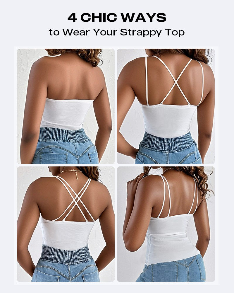 Spaghetti Strap Built in Bra Slim Fit Tank Top Sexy Back Criss Cross Workout Camisole Tops
