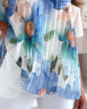 Floral Print Stand Collar Sleeveless Ruched Double Layer Top