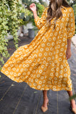 Yellow Flower Print Bracelet Sleeve Buttons Collared Maxi Dress