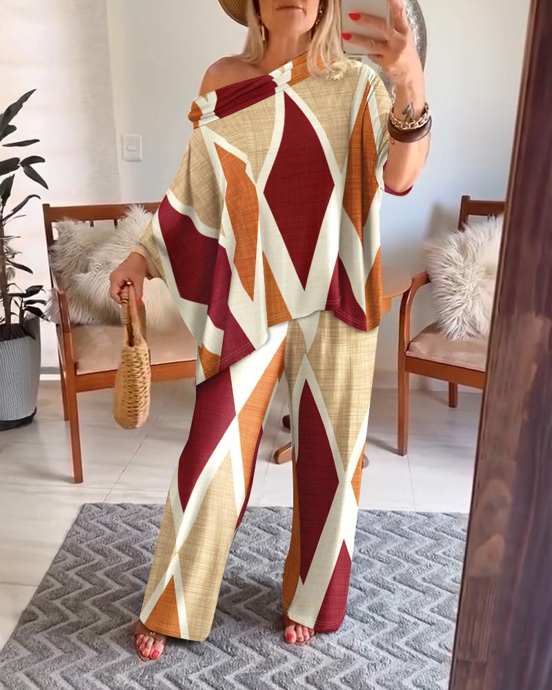 2 Pieces Outfit Plants Print Cold Shoulder Batwing Sleeve Top and Casual Wide Leg Pants Set