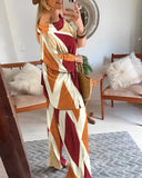 2 Pieces Outfit Plants Print Cold Shoulder Batwing Sleeve Top and Casual Wide Leg Pants Set