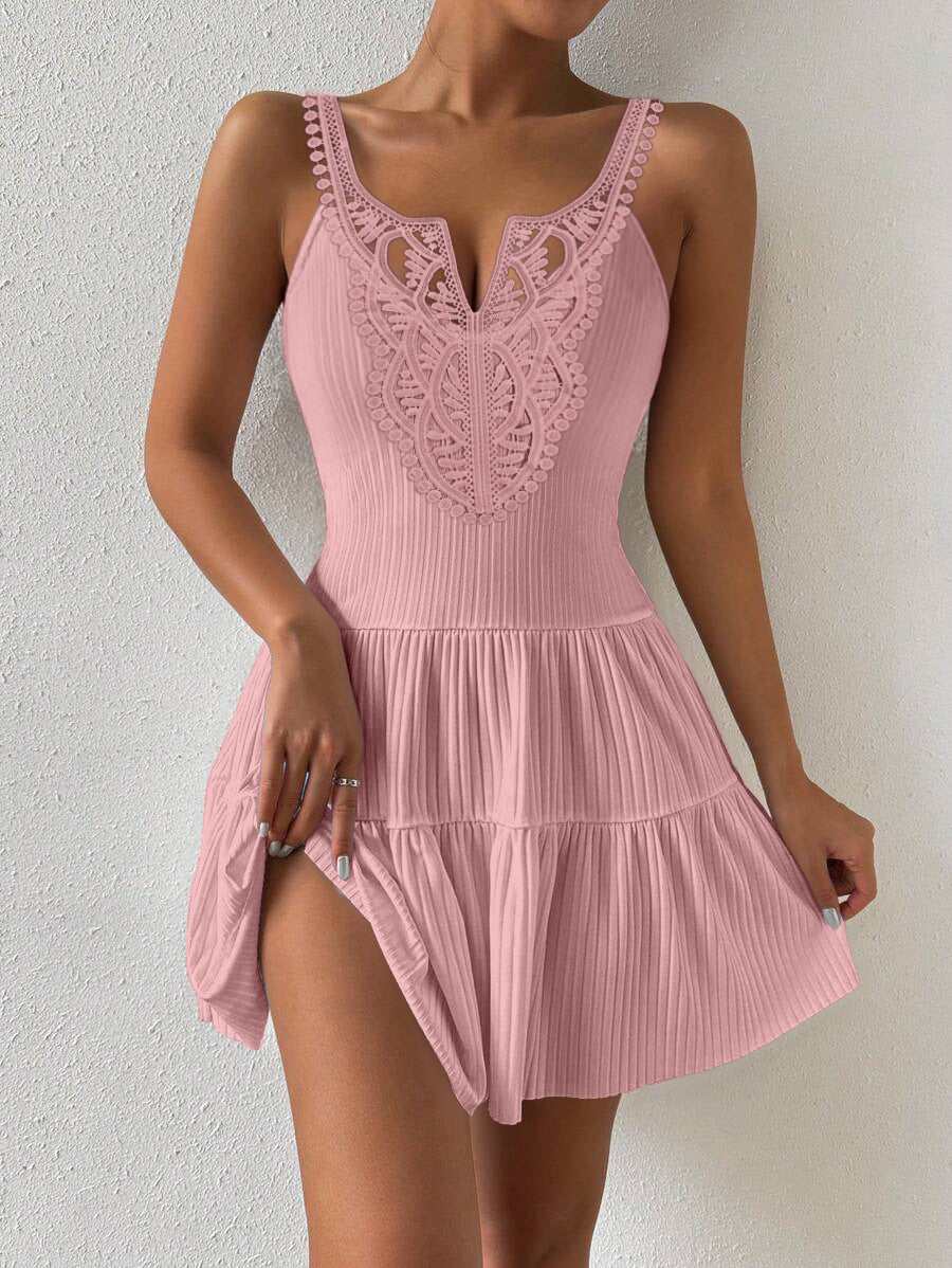 V Neck Sleeveless Lace Patchwork A Line Dress