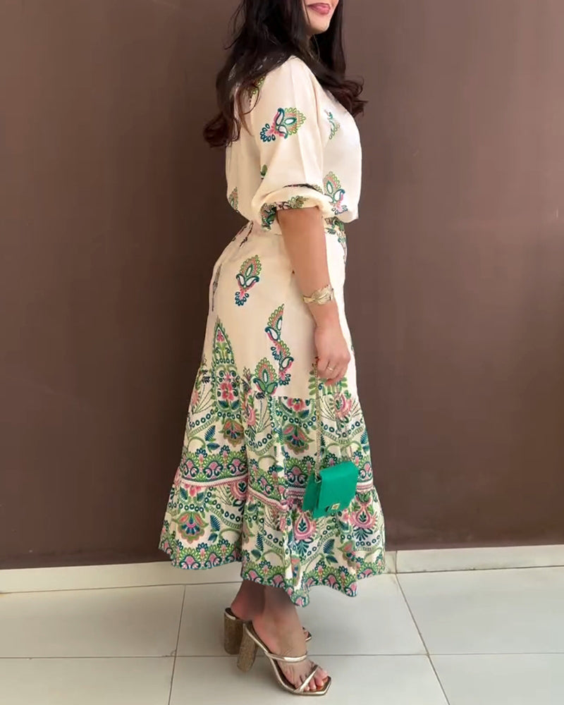 2 Pieces Outfit Tribal Print Short Sleeve Top and Casual Ruffles Hem Skirt Set